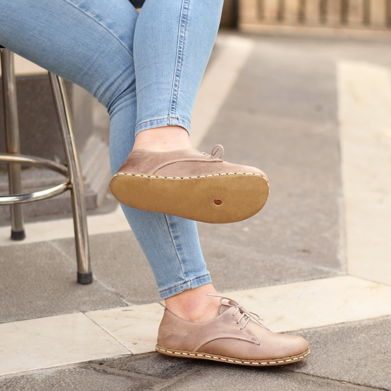 Zapato descalzo mujer, beige, zapato de puesta a tierra mujer / Oxford de puesta a tierra de cuero bronceado hecho a mano, visión loca imagen 5