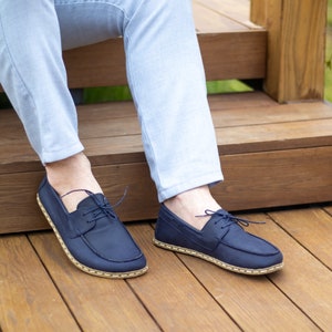 Handmade Barefoot Leather Shoes Men, Earthing Shoe Copper, Earth Grounding Shoe Crazy Navy Blue image 1