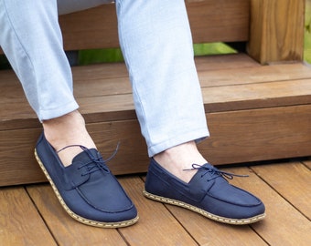 Handgemaakte blote voeten leren schoenen heren, aardingsschoen koper, aardingsschoen | Gek marineblauw