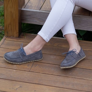 Grounding Shoe, Barefoot Shoes Women, Handmade Leather Shoes Copper, Zero Drop Wide Toe box, Gray Nubuck