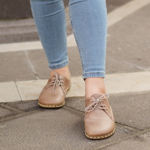 Zapato descalzo mujer, beige, zapato de puesta a tierra mujer / Oxford de puesta a tierra de cuero bronceado hecho a mano, visión loca imagen 7