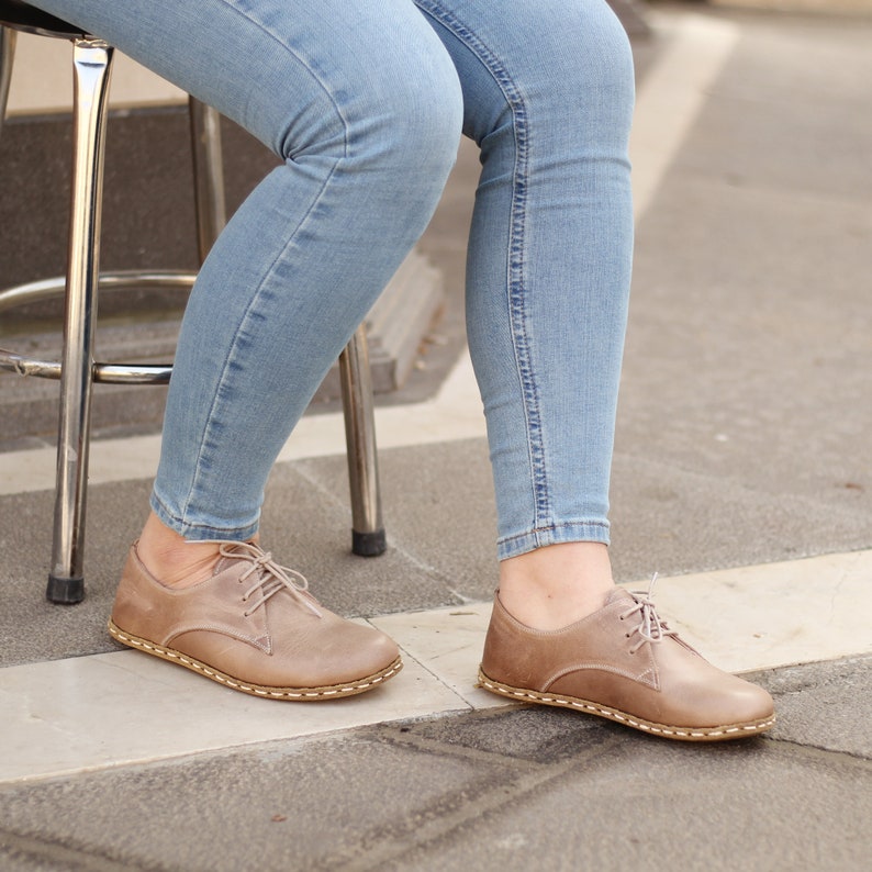 Zapato descalzo mujer, beige, zapato de puesta a tierra mujer / Oxford de puesta a tierra de cuero bronceado hecho a mano, visión loca imagen 3