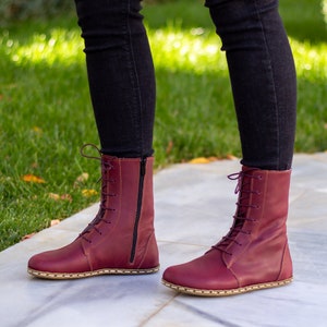 Grounding Copper Rivet Barefoot Women Boot Earthing Leather Boots Buffalo Leather Outsole Crazy Burgundy image 7