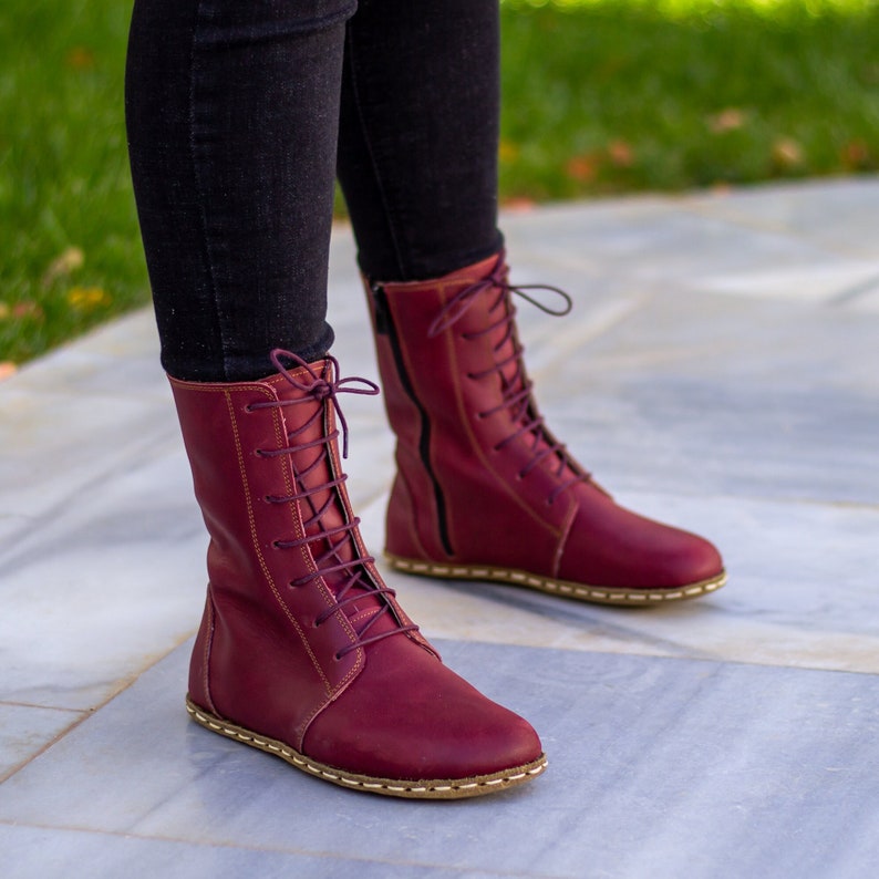 Grounding Copper Rivet Barefoot Women Boot Earthing Leather Boots Buffalo Leather Outsole Crazy Burgundy image 1