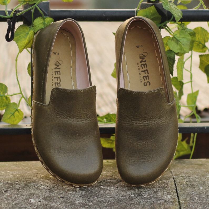 Grounding Shoe Green Shoes For Men, Handmade, Barefoot, Grounding, Loafer, Copper Rivet, Military Green image 9