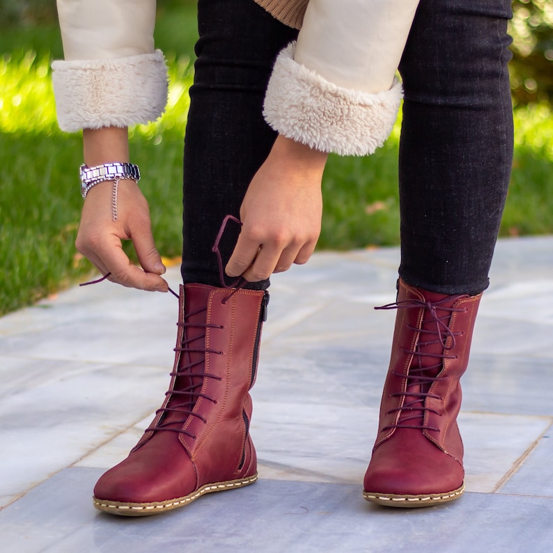 Grounding Copper Rivet Barefoot Women Boot Earthing Leather Boots Buffalo Leather Outsole Crazy Burgundy image 4