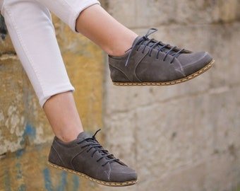 Zapato de conexión a tierra, zapatillas deportivas personalizadas para mujer, zapatos descalzos para mujer, zapatillas deportivas de cuero, caja de puntera ancha Zero Drop, nobuck gris