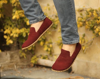 Sabot de mise à la terre, Sabot de terre | Chaussure de mise à la terre cuivre, chaussures de mise à la terre pour hommes, bout large, semelle en cuir, nubuck bordeaux