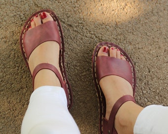 Barefoot Huarache | Leather Handmade Sandals Women | Open Toe | Crazy Burgundy