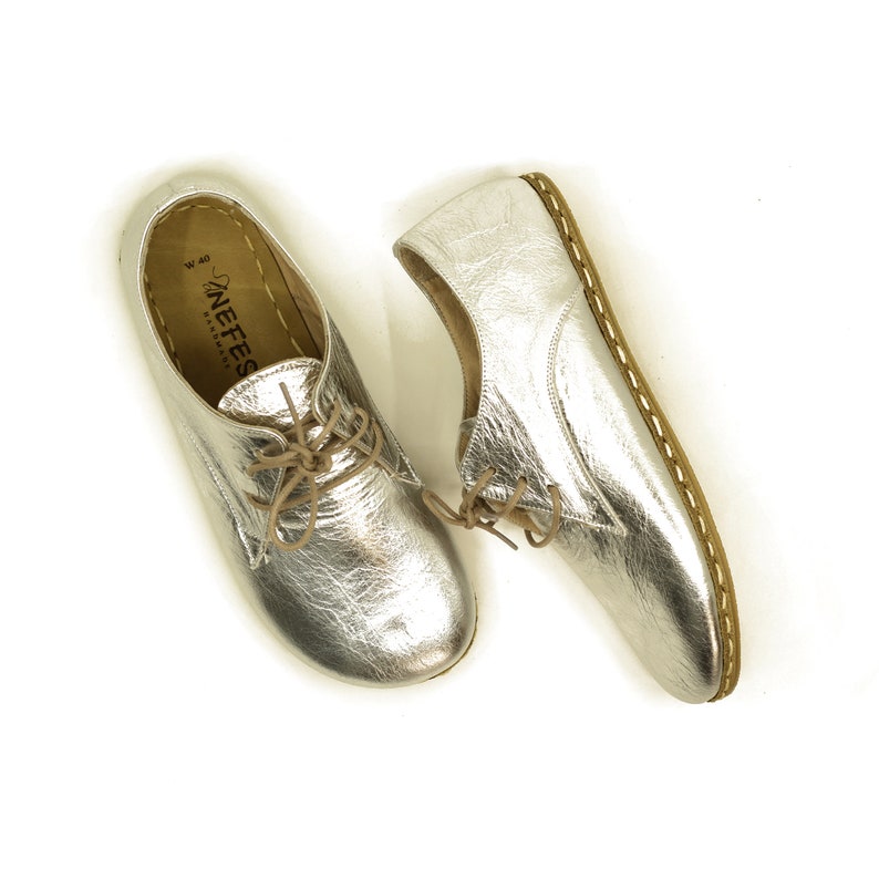 Women Handmade Oxford Laced Barefoot Leather Shoes, Shiny Silver image 1