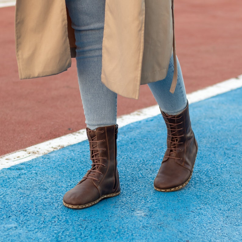 Earthing Damenstiefel Barfuß-Damenstiefel Brauner Lederstiefel Erdungskupferniet Außensohle aus Büffelleder Verrücktes klassisches Braun Bild 5