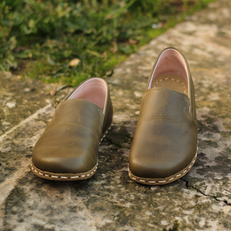 Grounding Shoe Green Shoes For Men, Handmade, Barefoot, Grounding, Loafer, Copper Rivet, Military Green image 1