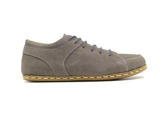 Sport Shoes, Genuin Leather Shoes, Barefooters Sneakers, Earthing Shoe Copper, Handicraft Lace Up, For Men, Gray Nubuck