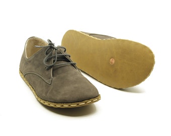 Grounded Shoe, Barefoot Shoes, All Leather Shoes Earthing Shoe Copper, Handicraft Lace Up, For Men, Gray Nubuck