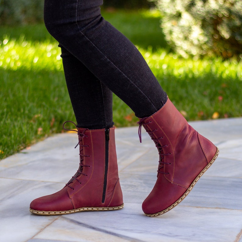 Grounding Copper Rivet Barefoot Women Boot Earthing Leather Boots Buffalo Leather Outsole Crazy Burgundy image 6