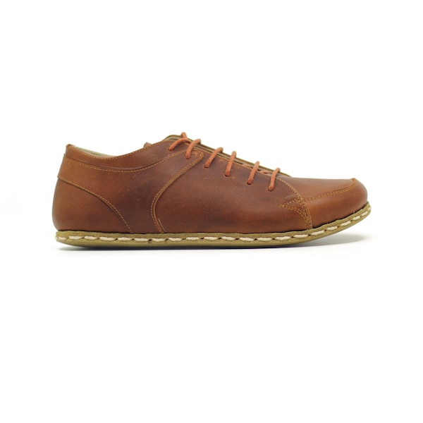 Grounding Shoe, Sport Shoes Men | Earthing Naturel Leather Sneaker Men | Copper Rivet Barefoot Converse | Crazy New Brown