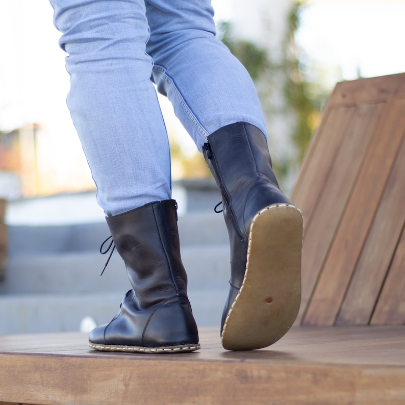 Barefoot Boots Black Leather Bootie Men Black Boot Barefoot Men Boot Earthing Leather Boots Grounding Copper Rivet Black image 5