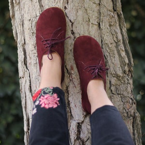 Earth Shoe, Shoe Grounding Women, Oxford Barefoot Shoe, Claret Red Nubuck