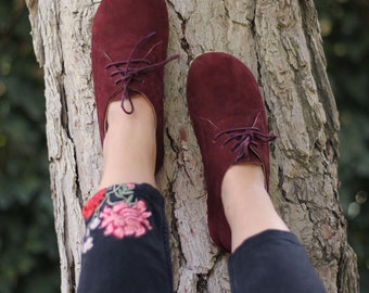 Earth Shoe, Shoe Grounding Women, Oxford Barefoot Shoe, Claret Red Nubuck