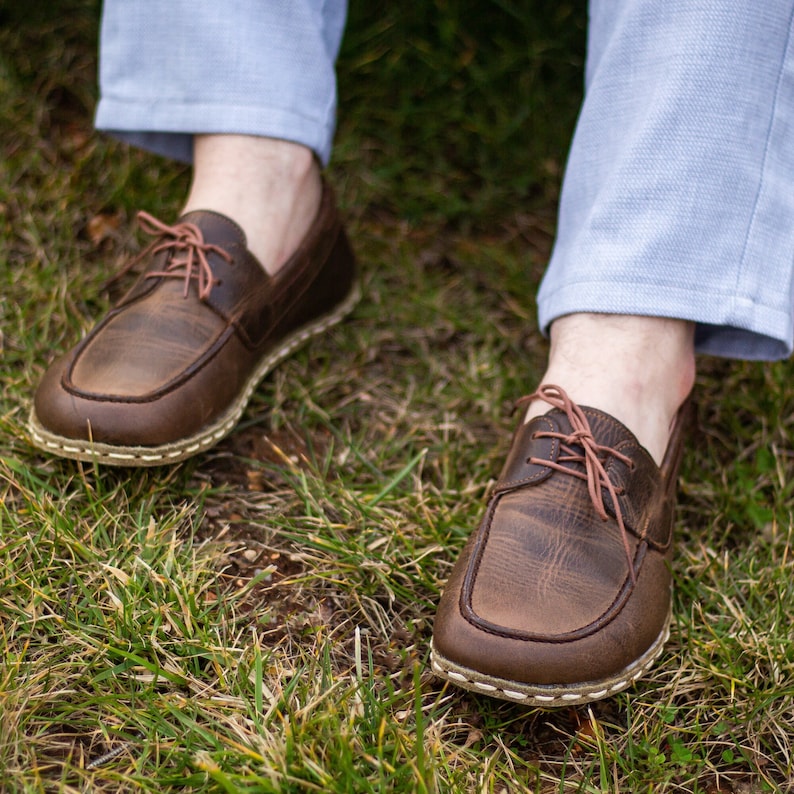 Earthing Shoes, Grounding Shoe, Barefoot Men Leather Shoes, Earthing Copper, Handmade Brown Leather Shoes Crazy Classic Brown image 1