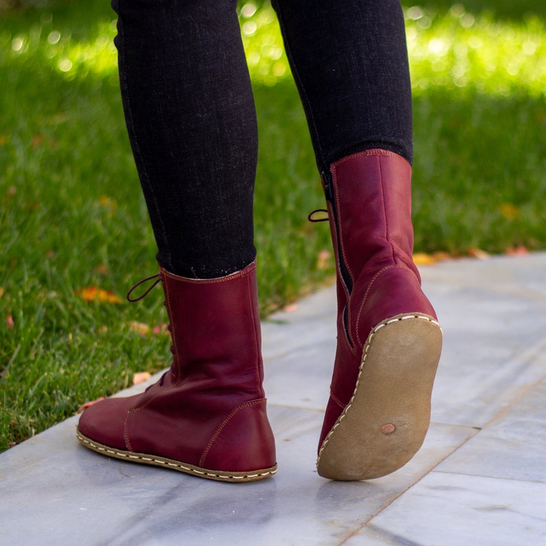 Grounding Copper Rivet Barefoot Women Boot Earthing Leather Boots Buffalo Leather Outsole Crazy Burgundy image 3