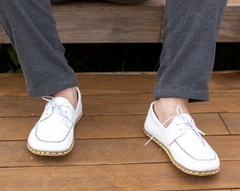 Handgemaakte blote voeten leren schoenen heren, aardingsschoen koper, aardingsschoen | Wit