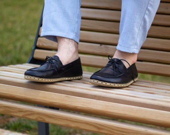 Handgemaakte blote voeten leren schoenen heren, aardingsschoen koper, aardingsschoen | Zwart