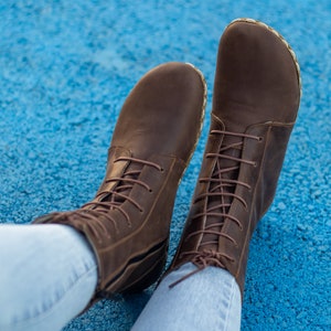 Earthing Damenstiefel Barfuß-Damenstiefel Brauner Lederstiefel Erdungskupferniet Außensohle aus Büffelleder Verrücktes klassisches Braun Bild 4