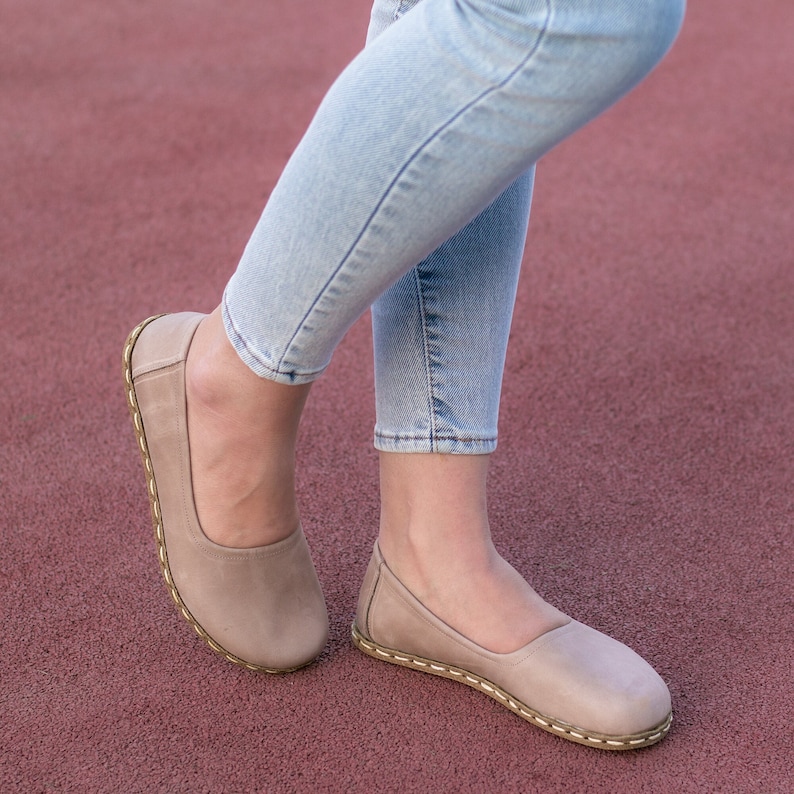 Beige Schuhe Damen Barfußschuhe Damen Leder Barfuß Breite Zehenbox Barfuß-Leder-Loafer Women Earthing // Verrückte Vision Bild 3