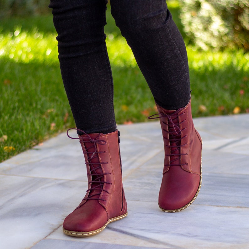 Grounding Copper Rivet Barefoot Women Boot Earthing Leather Boots Buffalo Leather Outsole Crazy Burgundy image 5