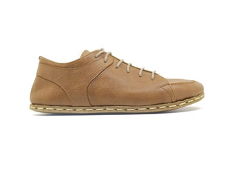 Brown Barefoot Sneakers Men, Handmade Shoes, Copper Rivet Grounding, Matte Brown