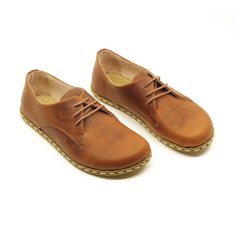 Barefoot Shoe Woman Handmade Earthing Oxford Grounding Wider All Leather Shoes Copper Rivet New Crazy Brown image 10