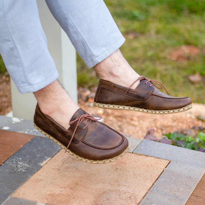 Zapatos de puesta a tierra, zapato de puesta a tierra, zapatos de cuero para hombres descalzos, cobre de puesta a tierra, zapatos de cuero marrón hechos a mano / marrón clásico loco imagen 4