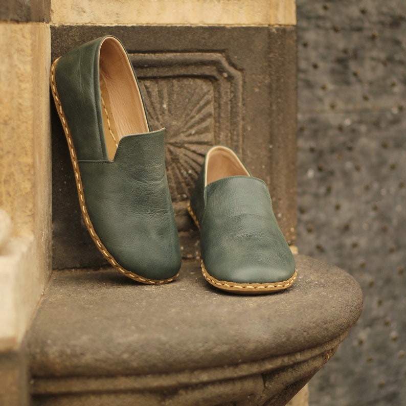 Grounding Shoe, Green Wide Toe Box Barefoot Shoes for Men, Grounded Shoe, Copper Rivet & Erthing, Buffalo Leather, Toledo Green image 1