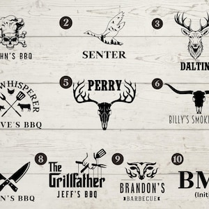 May include: A collection of black and white BBQ-themed logos. Designs include a skull with a chef's hat, a flying goose, a deer head, crossed knives, and text such as "John's BBQ" and "The Grillfather".