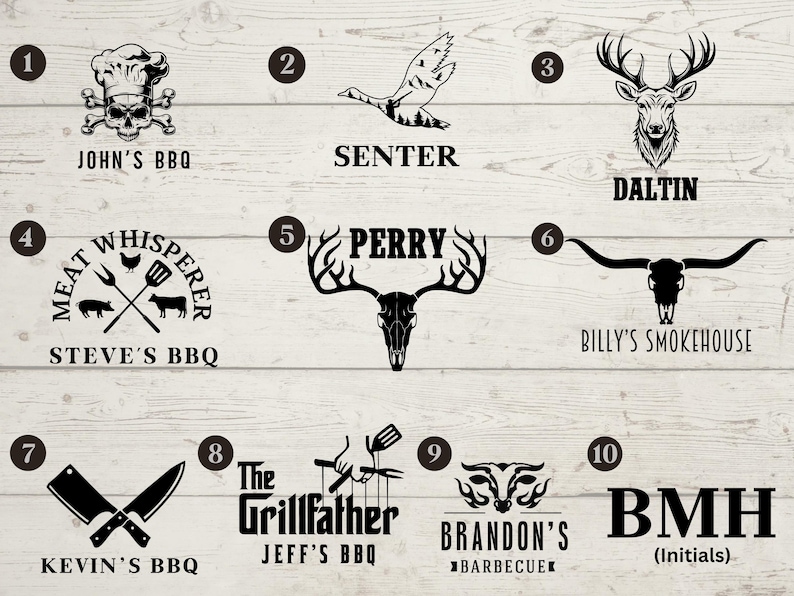 May include: A collection of black and white BBQ-themed logos. Designs include a skull with a chef's hat, a flying goose, a deer head, crossed knives, and text such as "John's BBQ" and "The Grillfather".
