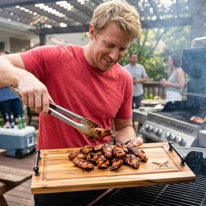 May include: A wooden serving board with handles holds grilled chicken wings. A person uses tongs to place the wings on the board. The board has a logo etched into the wood. A grill and outdoor setting are in the background.
