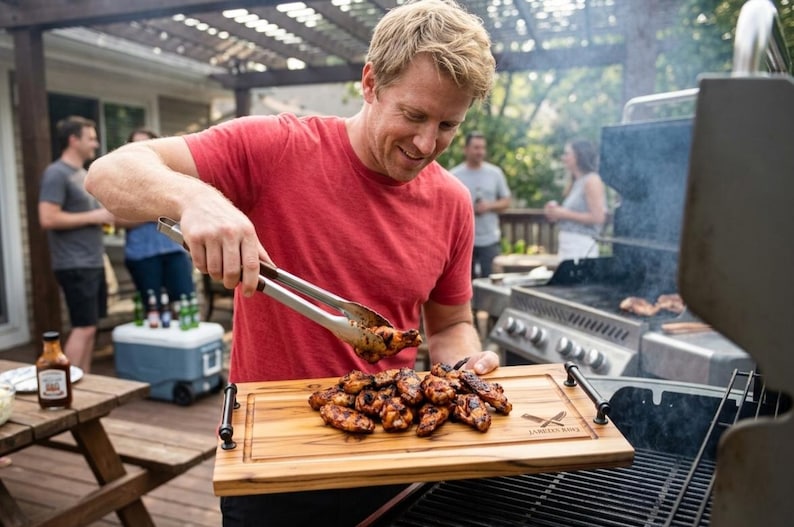 May include: A wooden serving board with handles holds grilled chicken wings. A person uses tongs to place the wings on the board. The board has a logo etched into the wood. A grill and outdoor setting are in the background.