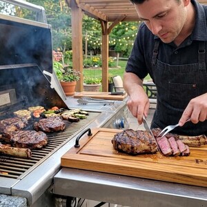 May include: A person carving a grilled steak on a wooden cutting board with the initials "PIK" engraved. The grill features several steaks and grilled vegetables. The scene is set outdoors.