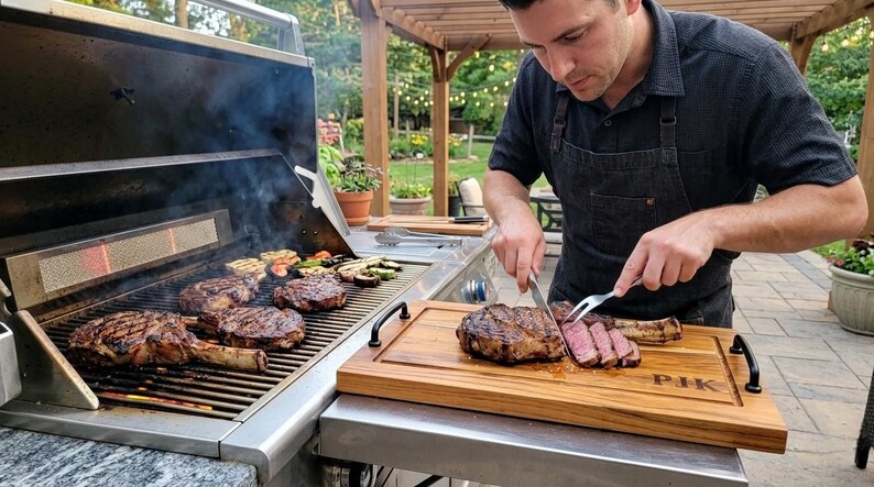 May include: A person carving a grilled steak on a wooden cutting board with the initials "PIK" engraved. The grill features several steaks and grilled vegetables. The scene is set outdoors.