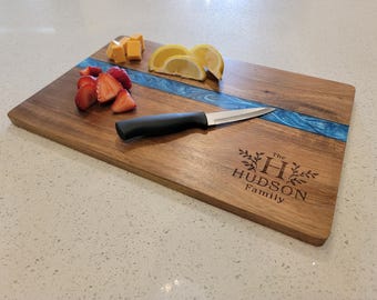 Personalized Acacia Wood and Epoxy River Serving Board • Custom Resin Grazing Tray • Anniversary Gift for Couple • Unique Housewarming Gift