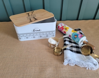 Personalized Bread Box with Bamboo Lid; Metal Bread Storage; Kitchen Decor
