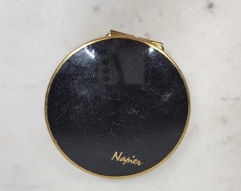 Vintage Napier Stratton Compact Mirror Black Gold Double Sided Hinged England