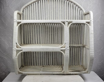 VTG Wrapped Rattan Wicker Shelf White Arched 3 Tier Boho Storage Cabinet