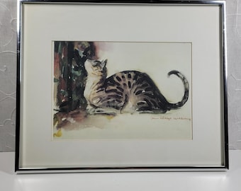 A Watchful Cat by John Alonzo Williams Cat Art Print Silver Chrome Frame Signed