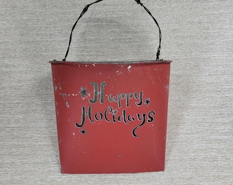 Happy Holidays Metal Mailbox Basket Red Barbwire Handle Christmas Rustic Vintage