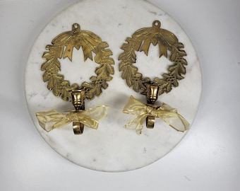 Solid Brass Christmas Wreath Candle Wall Sconces Pair Gold Holly Vintage Holiday