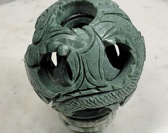 Hand-Carved Jade Puzzle Ball 5" Green Stone Nested Sphere Stand Vintage