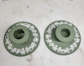 Vintage Wedgwood Candle Holders Jasperware Green Pair Grape Vine 1956