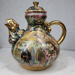VTG Royal Satsuma Dragon Head Tea Pot 9.5" Gold Hand Painted Textured 1880s Meij